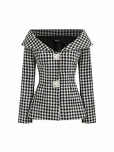 Tweed Houndstooth Collar Rhinestone Detail Cinched Waist Blazer
