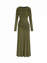 Boat Neck Long Sleeve Ruched Maxi Dress