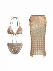 Halter Neckline Floral Triangle Bikini Set With Check Floral Patchy Tide Side Sarong