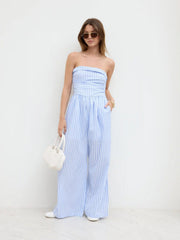 Cotton-blend Stripe Ruched Shirred Fold Over Bandeau Jumpsuit