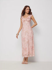 Floral V-neck Ruffled Sleeve Straight Midi Dress