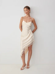 Satin V-neck Lace Backless Asymmetrical Hem Maxi Dress
