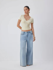 Jacquard Floral V-neck Lace Panel Bowknot Crop Tee