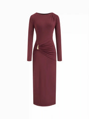 Round Neckline Long Sleeve Metal Button Ruched Maxi Dress