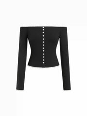 Off-shoulder Long Sleeve Lace Trim Button Front Top