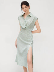 Cotton-blend Collar Striped Split Midi Shirt Dress