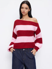 Knit Asymmetrical Neck Striped Oversized Top