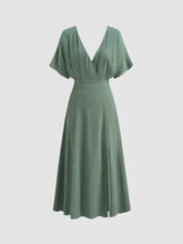 Linen-blend V-neck Solid Ruffle Split Maxi Dress