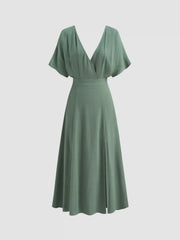 Linen-blend V-neck Solid Ruffle Split Maxi Dress