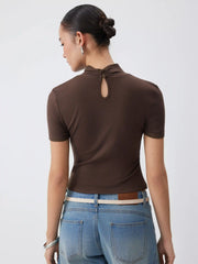 Textured Stand Collar Short Sleeve Twist Front Tee