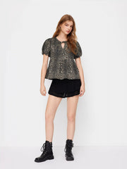 Denim Leopard Print Tie Front Ruffle Puff Sleeve Oversized Blouse