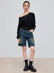 Asymmetrical Neck Solid Crop Long Sleeve Top