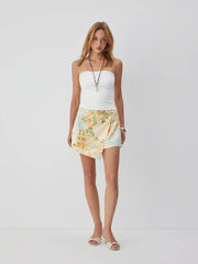 Linen-blend Mid Rise Fruit Graphic Asymmetrical Shorts