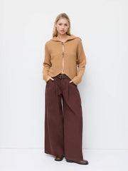 Knit Collar Button Asymmetrical Hem Oversized Cardigan