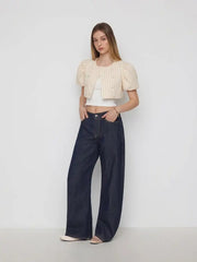 Cotton-blend Striped Puff Sleeve Crop Blouse