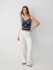 Knit Square Neck Floral Embroidery Top