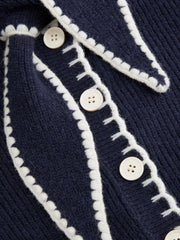 Knit Stand Collar Bowknot Contrasting Binding Long Sleeve Cardigan