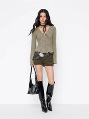 Brushed Fabric V-neck Bell Sleeve Ruffle Hem Button Top