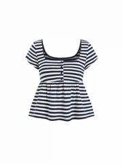 Cotton-blend Square Neck Stripe Button Lace Trim Peplum Hem Short Sleeve Tee