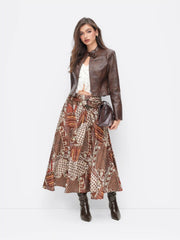 Floral Mid Rise Tribal Print Belted Flared Maxi Skirt