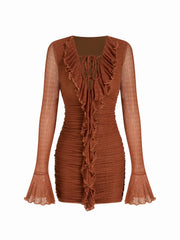 Lace V-neck Bell Sleeve Lace Up Ruched Ruffle Lettuce Trim Mini Dress