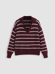 Wool-blend V-neck Striped Knitted Long Sleeve Top