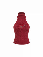 Cable Knit Turtleneck Heart Guipure Lace Tank Top