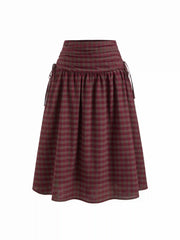 Cotton Mid Rise Plaid Bowknot Ruched Midi Skirt
