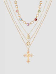 4PCS RHINESTONE DECOR CROSS & HEART & SQUARE PENDANT & HEART RHINESTONE & FAUX PEARL NECKLACE SET