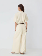 Collar Ruched Pleated High Rise Wide Leg Jumpsuit With Belt