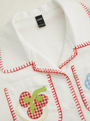 Linen-blend Fruit Embroidery Contrast Stitching Short Sleeve Shirt