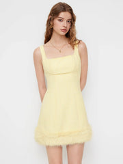 Tweed Square Neck Faux Fur Hem Mini Dress