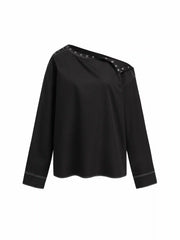 Cotton-blend Asymmetrical Neck Button Stitch Long Sleeve Oversized Blouse