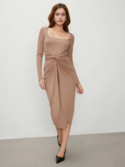 Rib Knit Square Neck Solid Twist Maxi Dress
