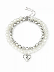 DOUBLE-LAYER FAUX PEARL BEADED HEART PENDANT NECKLACE