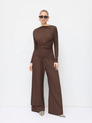 Draped Ruched Top & Mid Rise Elastic Waist Wide Leg Trousers Set
