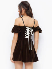 Velvet Off-shoulder Puff Sleeve Lace Up Mini Dress