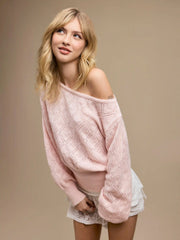 Two Way Knit Boat Neck Pointelle Oversized Long Sleeve Top