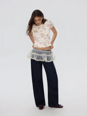 Cat & Floral Graphic Jacquard Puff Sleeve Tee