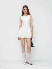 Linen-blend Boat Neck Backless Ruffle Mini Dress