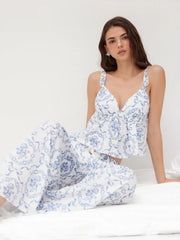 V-neck Floral Bowknot Tank Top & Mid Rise Drawstring Trousers Loungewear Set