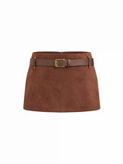 Suede Low Rise Mini Skirt With Belt