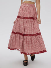 Cotton-blend Mid Rise Gingham Lace Flared Maxi Skirt
