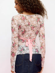Lace Square Neck Floral Tie Back Bell Sleeve Top