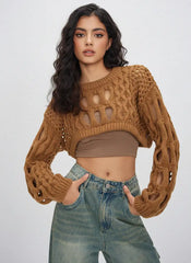 Knit Round Neckline Hollow Out Long Sleeve Crop Top