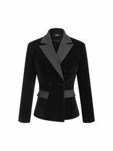 Velvet Two Tone Notched Collar Long Sleeve Double Breasted Blazer