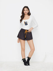 Halloween Moon Cat Graphic Top With Removable Padding & Mid Rise Star Drawstring Shorts Lounge Set