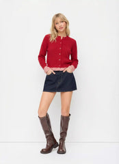 Knit Round Neck Cardigan With Gingham Trim