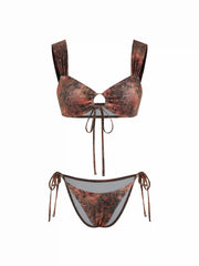 Rose Graphic Sweetheart Bracelet Tie Side O-Ring Bikini Set