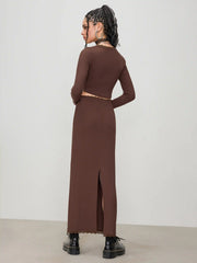 Lace Trim Crop Long Sleeve Top & Ruched Split Maxi Skirt